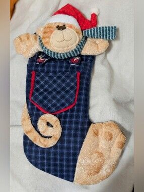 Vintage Style Plush Bear/Animal Navy Christmas Stocking 20" Long.